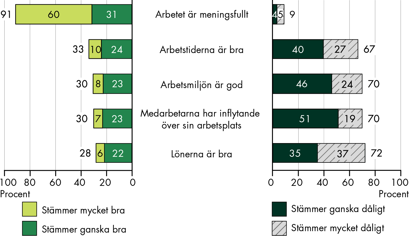 91 procent uppger att påståendet arbete är meningsfullt stämmer mycket eller ganska bra för hälso- och sjukvård. Men uppfattningarna om arbetstider, arbetsmiljö, medarbetarnas inflytande och lönerna är mindre positiva. 