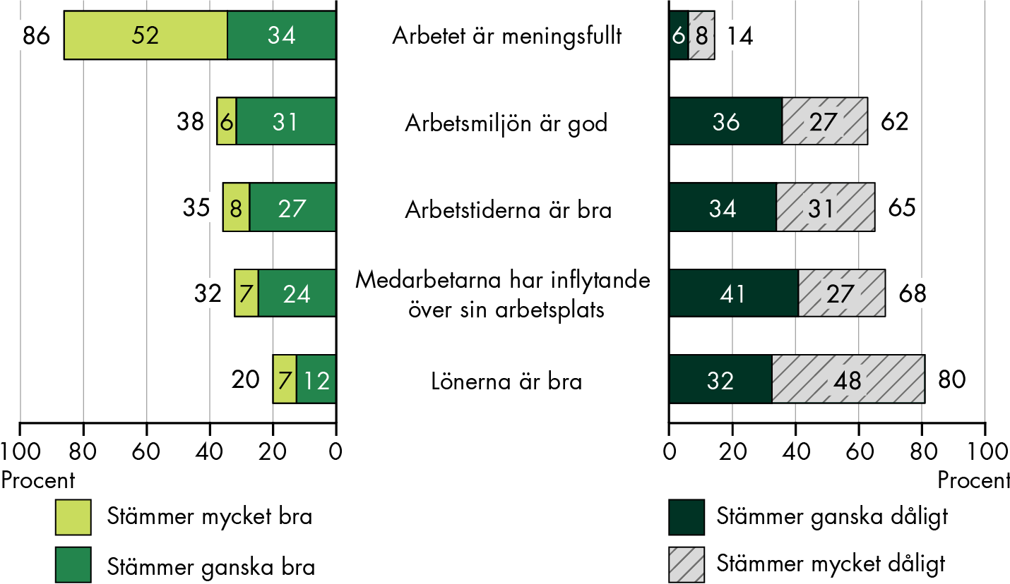 86 procent uppger att påståendet arbete är meningsfullt stämmer mycket eller ganska bra om hur det är att arbeta i äldreomsorgen. Men uppfattningarna om arbetstider, arbetsmiljö, medarbetarnas inflytande och lönerna är mindre positiva. 