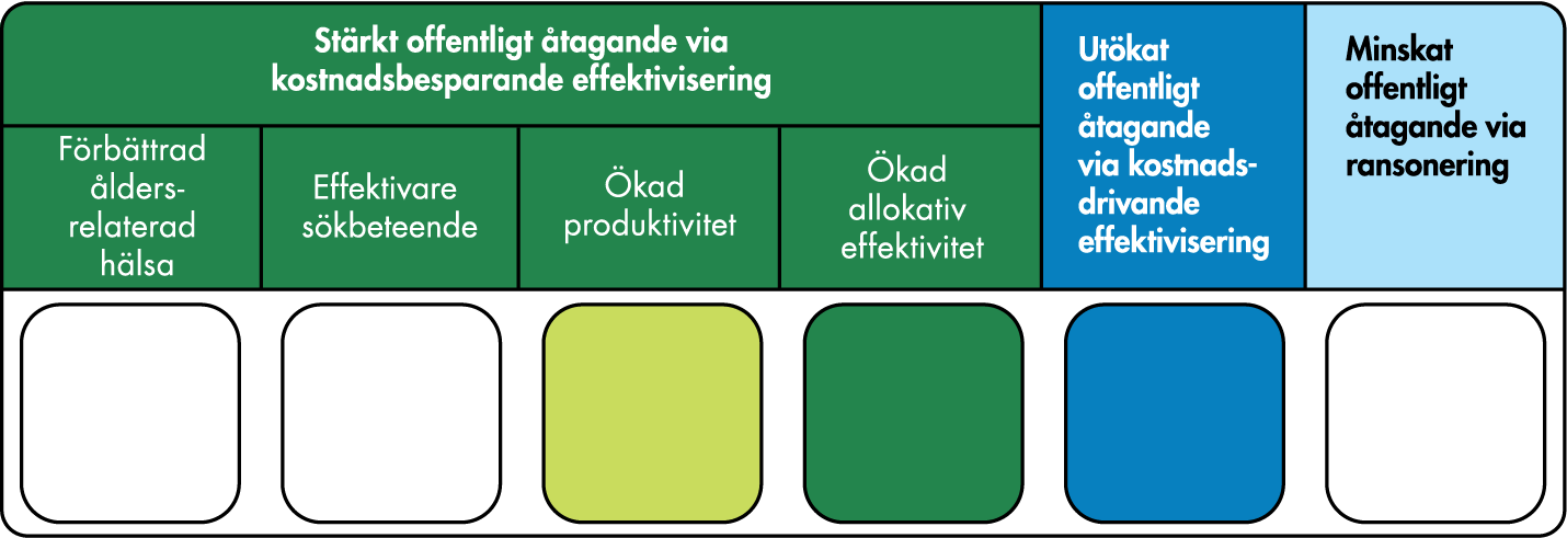 Strategin verkar huvudsakligen via ökad allokativ effektivitet men också via ökad produktivitet, samtidigt som den kan medföra ett utökat offentligt åtagande via kostnadsdrivande effektivisering. 