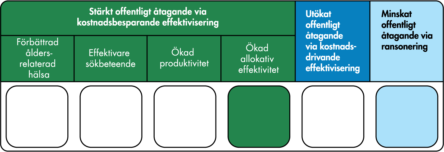 Strategin verkar huvudsakligen via ökad allokativ effektivitet men också via ökad produktivitet, samtidigt som den kan medföra ett minskat offentligt åtagande via ransonering. 