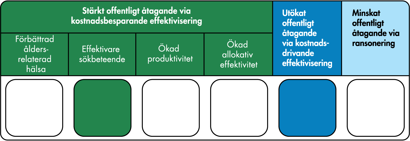 Strategin verkar huvudsakligen via ökad produktivitet, samtidigt som den kan medföra ett utökat offentligt åtagande via kostnadsdrivande effektivisering. 